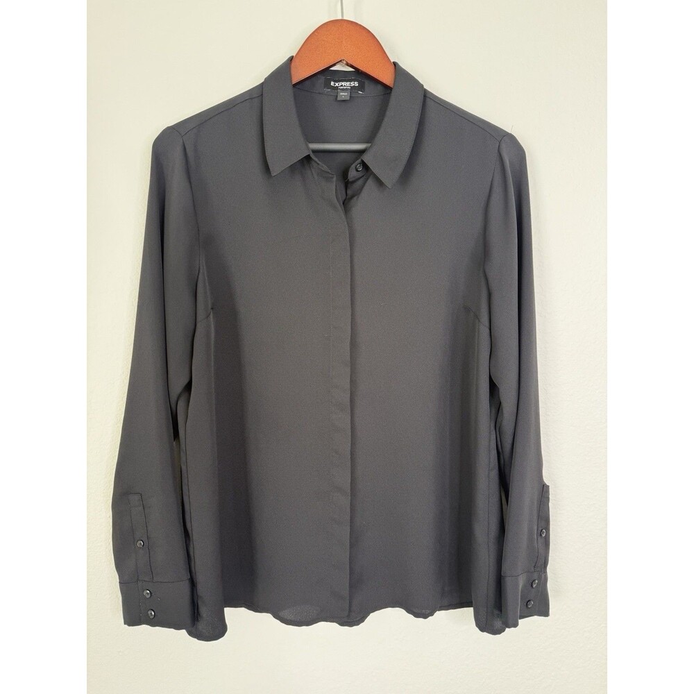 Express Portofino Shirt Women's L Black Button Front Long Sleeve Career Blouse